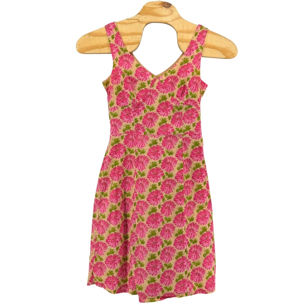 Garnet Hill Tan Pink Floral Cotton V-Neck Sleeveless Sheath Dress Size 8 Summer